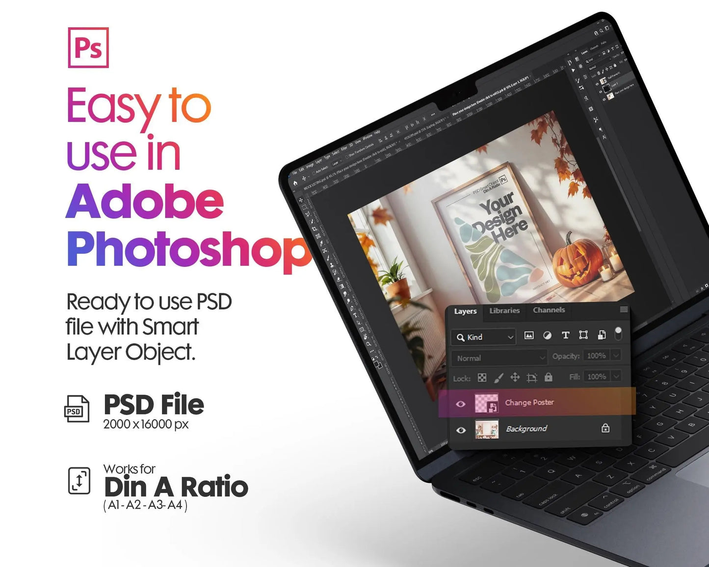 Halloween Frame Mockup PSD, Halloween Wall Art, Rustic Autumn & Pumpkins Vertical Artwork, Spooky Art Mockup