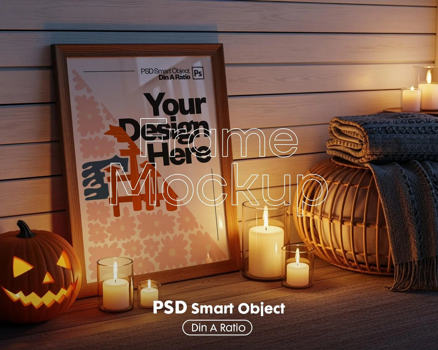 Halloween Frame Mockup PSD, Halloween Wall Art, Rustic Autumn & Pumpkins Vertical Artwork, Spooky Art Mockup