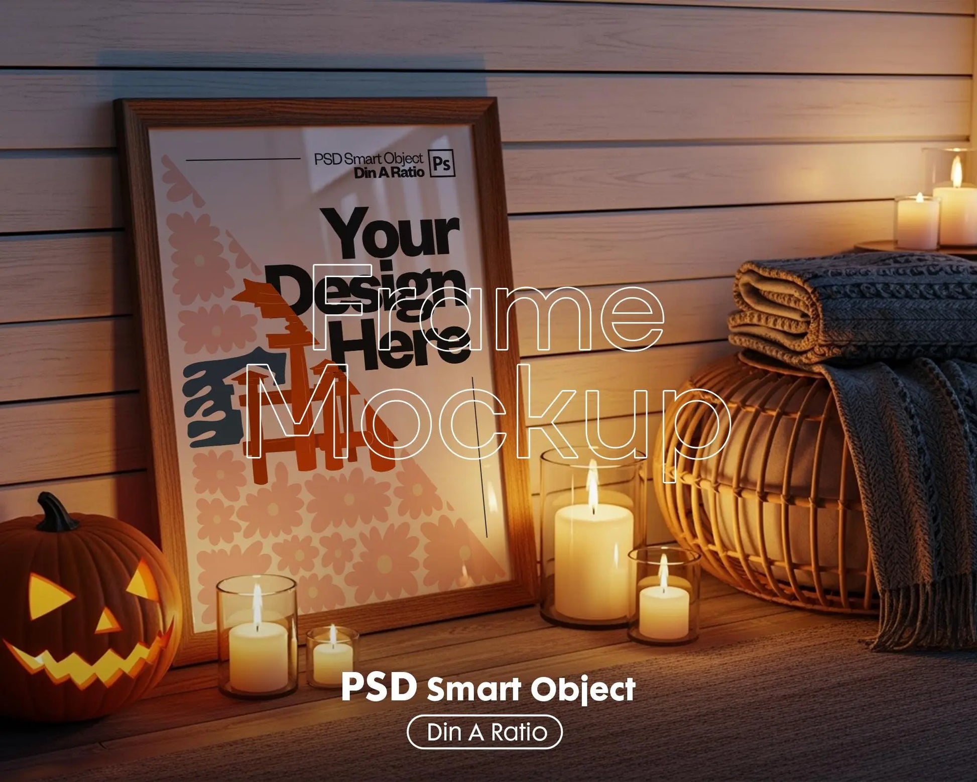 Halloween Frame Mockup PSD, Halloween Wall Art, Rustic Autumn & Pumpkins Vertical Artwork, Spooky Art Mockup