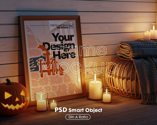 Halloween Frame Mockup PSD, Halloween Wall Art, Rustic Autumn & Pumpkins Vertical Artwork, Spooky Art Mockup