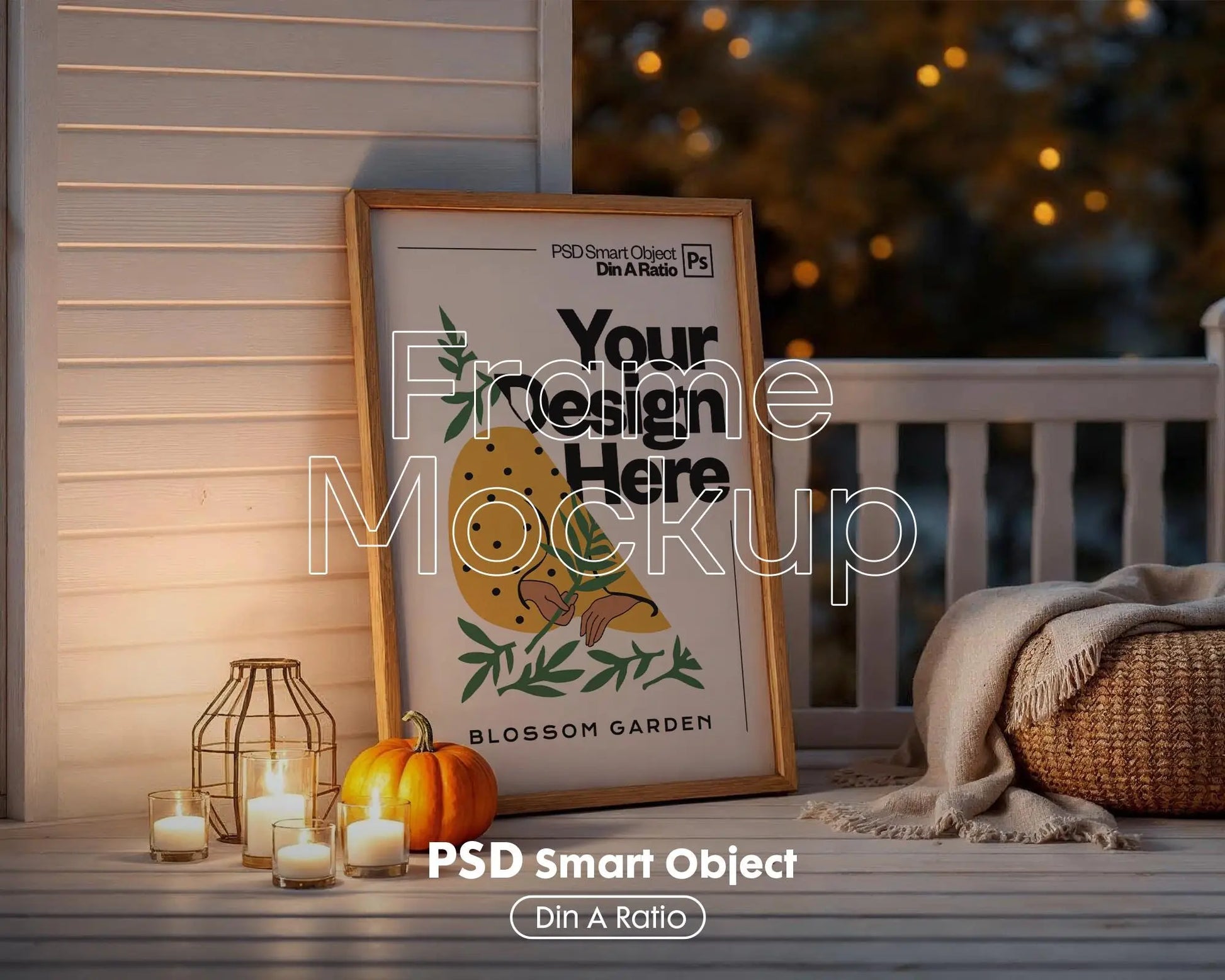 Halloween Frame Mockup PSD, Halloween Wall Art, Rustic Autumn & Pumpkins Vertical Artwork, Spooky Art Mockup,