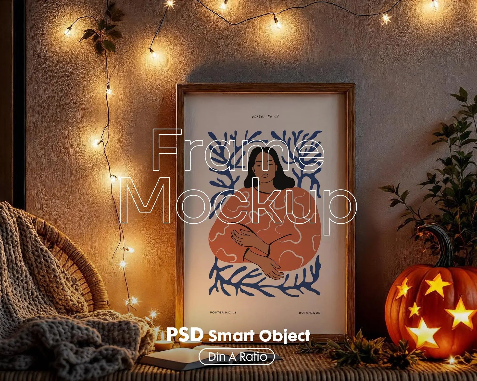 Halloween Frame Mockup PSD, Halloween Wall Art, Rustic Autumn & Pumpkins Vertical Artwork, Spooky Art Mockup,