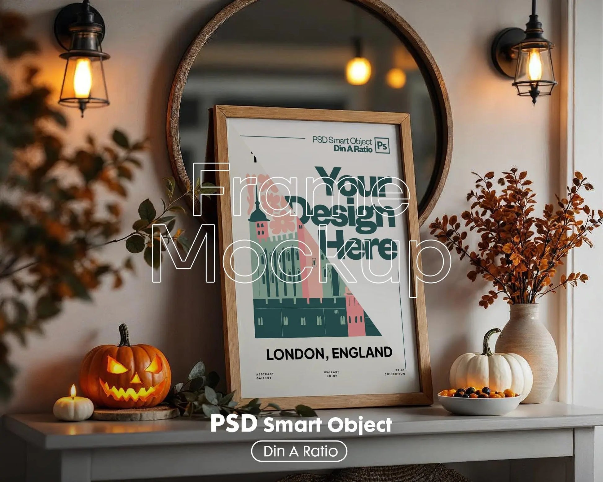 Halloween Frame Mockup PSD, Halloween Wall Art, Rustic Autumn & Pumpkins Vertical Artwork, Spooky Art Mockup,