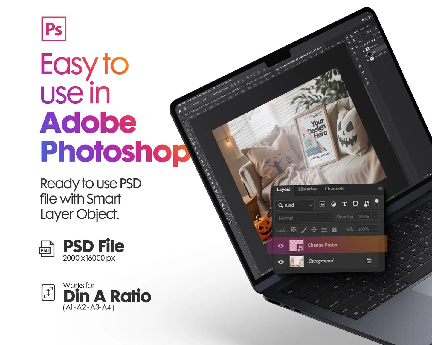 Halloween Frame Mockup PSD, Halloween Wall Art, Rustic Autumn & Pumpkins Vertical Artwork, Spooky Art Mockup,