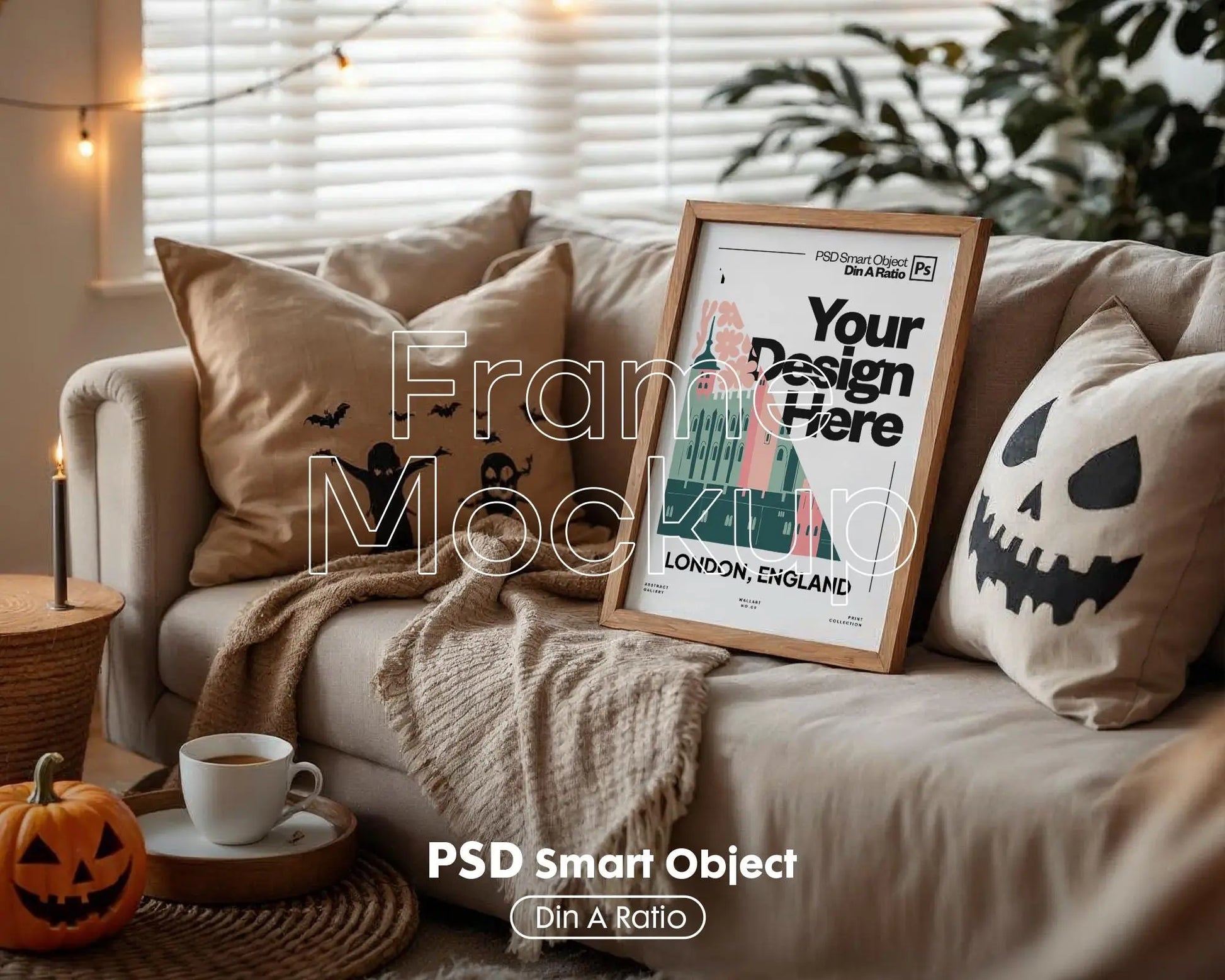 Halloween Frame Mockup PSD, Halloween Wall Art, Rustic Autumn & Pumpkins Vertical Artwork, Spooky Art Mockup,