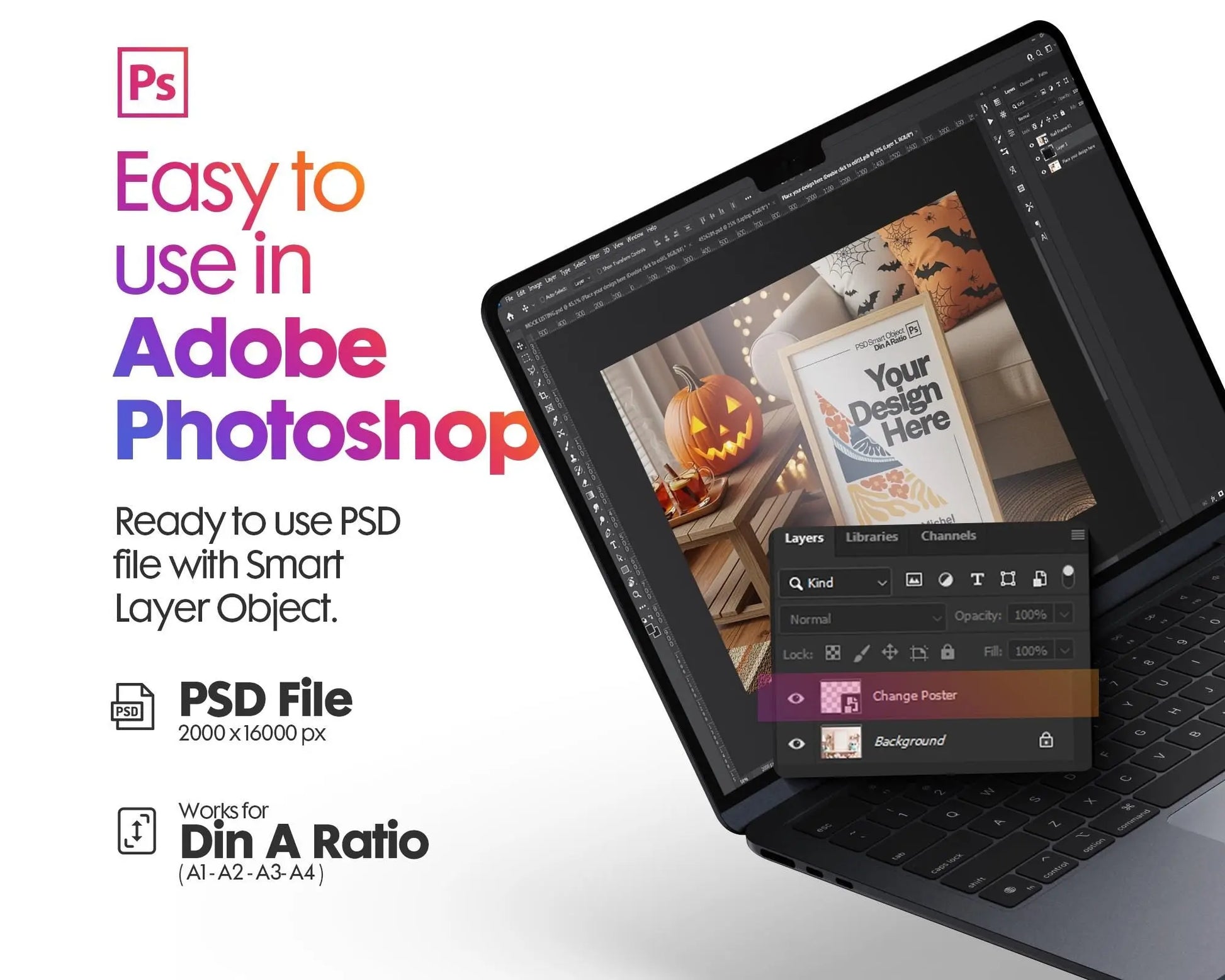 Halloween Frame Mockup PSD, Halloween Wall Art, Rustic Autumn & Pumpkins Vertical Artwork, Spooky Art Mockup,