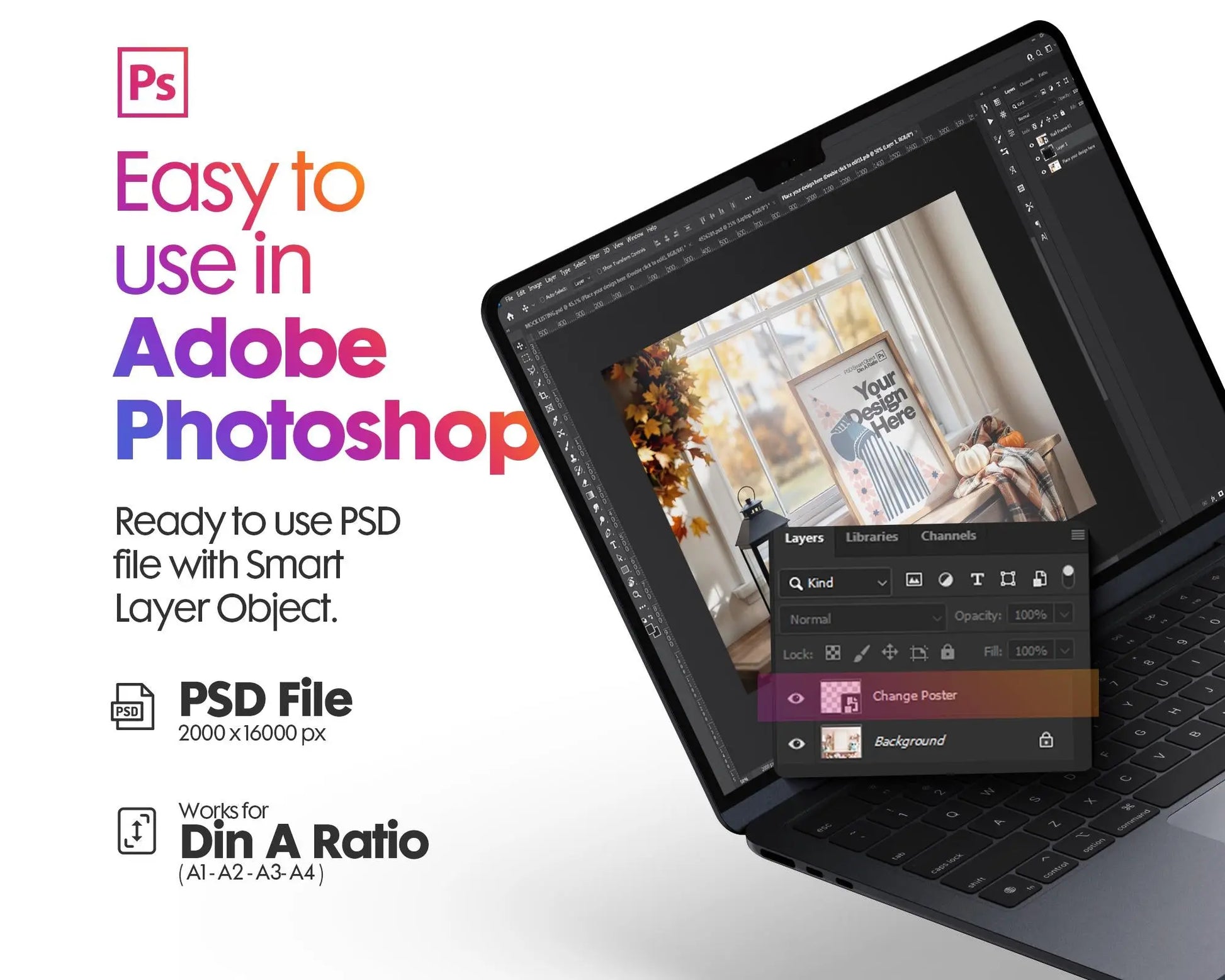 Halloween Frame Mockup PSD, Halloween Wall Art, Rustic Autumn & Pumpkins Vertical Artwork, Spooky Art Mockup,