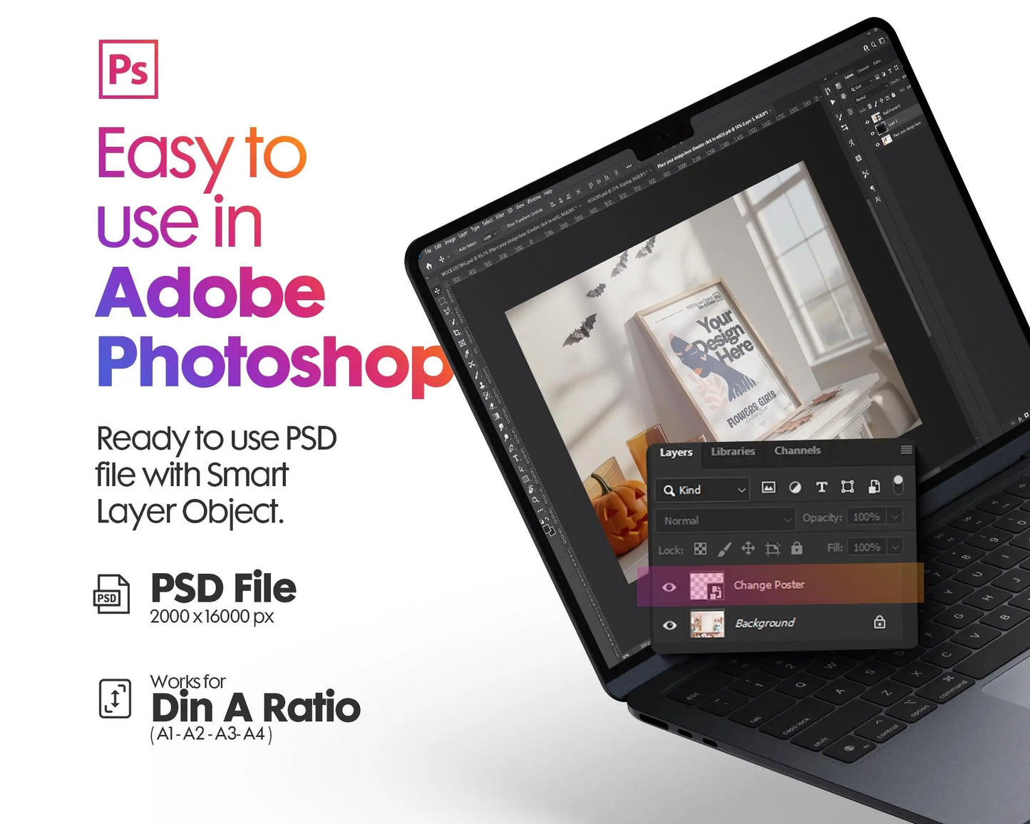 Halloween Frame Mockup PSD, Halloween Wall Art, Rustic Autumn & Pumpkins Vertical Artwork, Spooky Art Mockup,