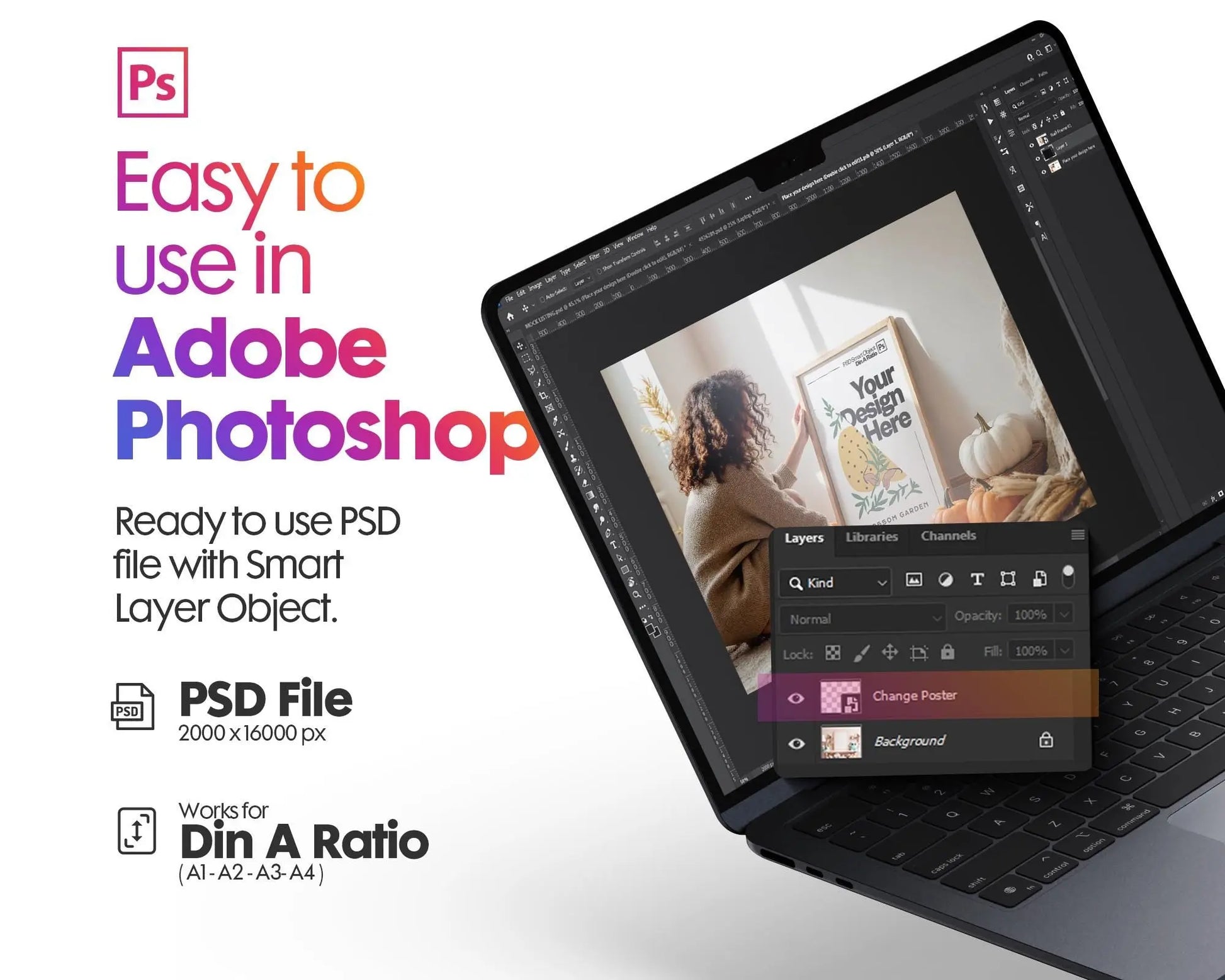 Halloween Frame Mockup With Person PSD, Halloween Wall Art, Rustic Autumn & Pumpkins Vertical Artwork, Spooky Art Mockup,