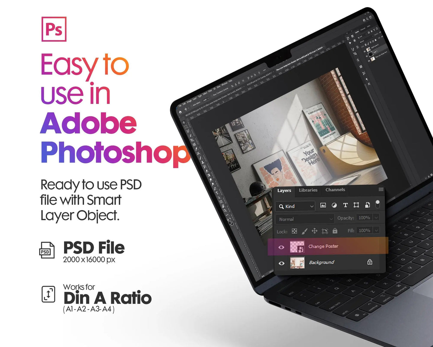 Set of 4 Frame Mockup, Three Multiple Gallery Set 4 Bundle, 4 Vertical Frame Art Display Mockup, Digital Print Mockup - PSD