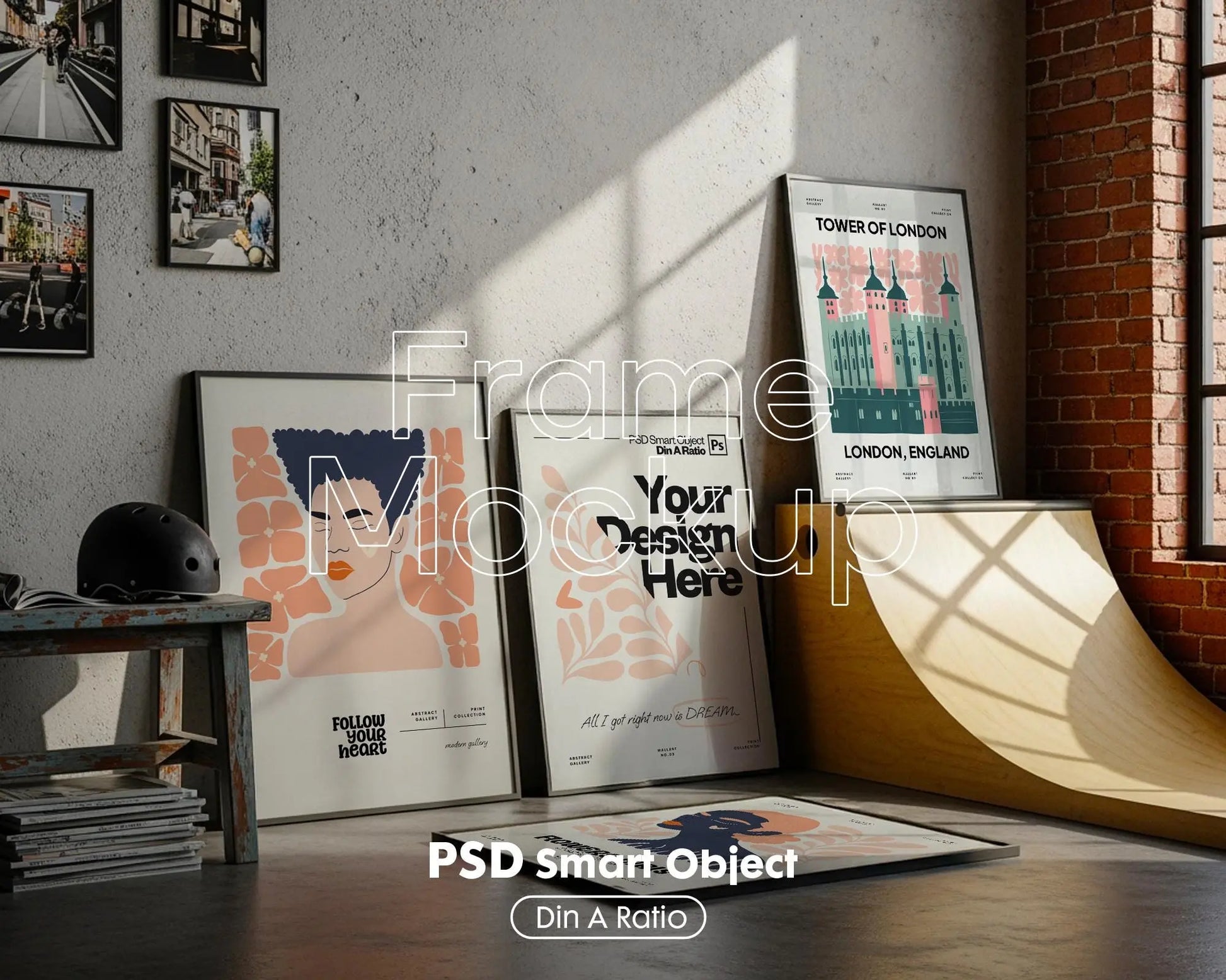 Set of 4 Frame Mockup, Three Multiple Gallery Set 4 Bundle, 4 Vertical Frame Art Display Mockup, Digital Print Mockup - PSD