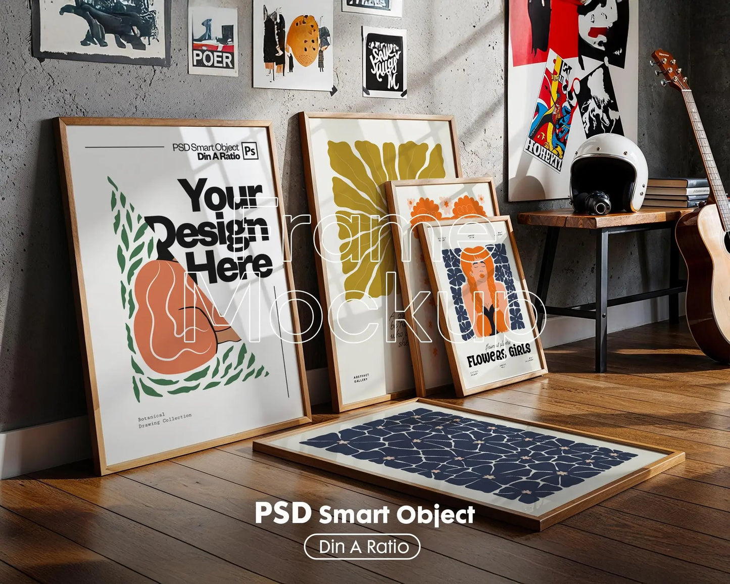 Set of 5 Frame Mockup, Three Multiple Gallery Set 5 Bundle, 5 Vertical Frame Art Display Mockup, Digital Print Mockup - PSD