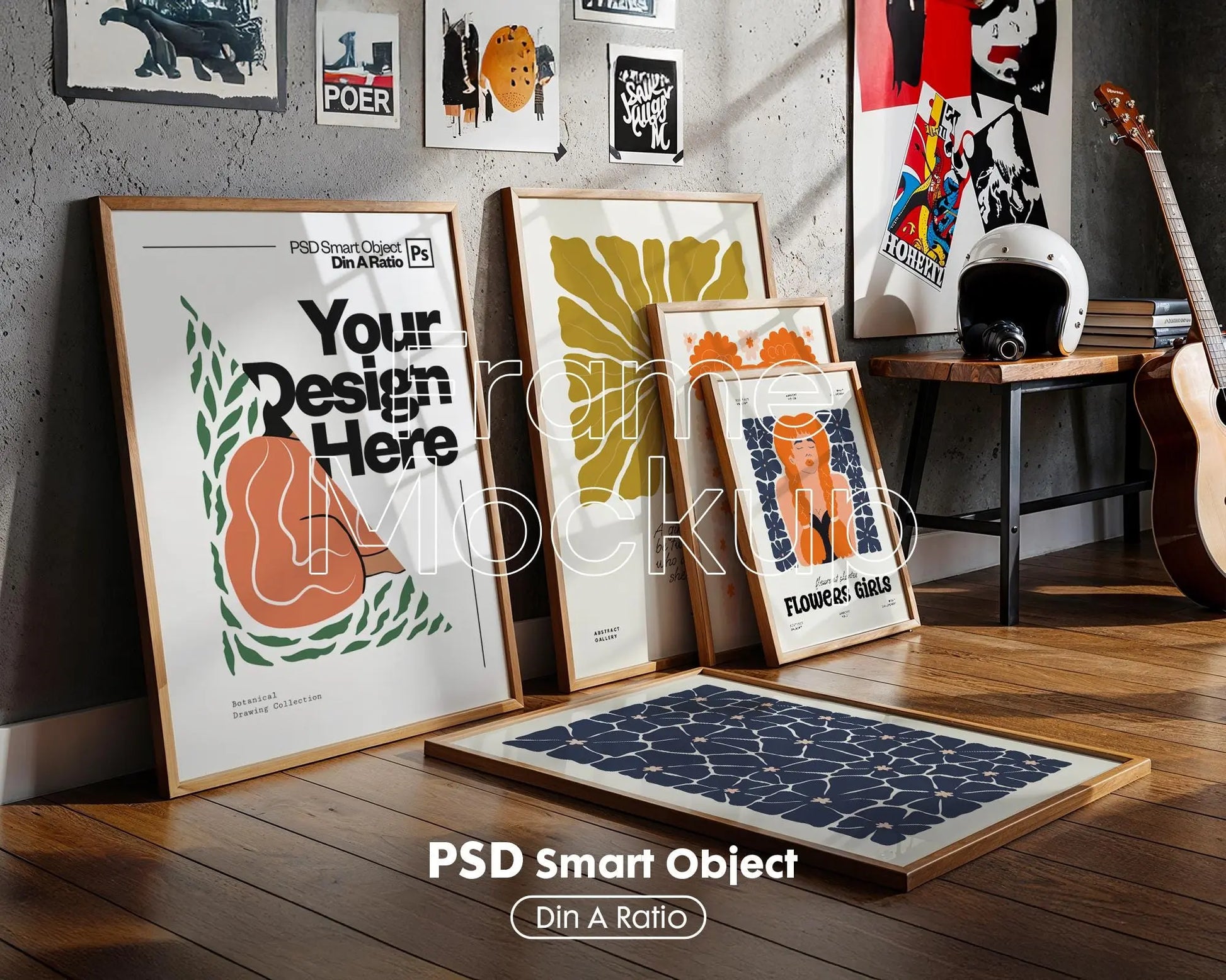 Set of 5 Frame Mockup, Three Multiple Gallery Set 5 Bundle, 5 Vertical Frame Art Display Mockup, Digital Print Mockup - PSD