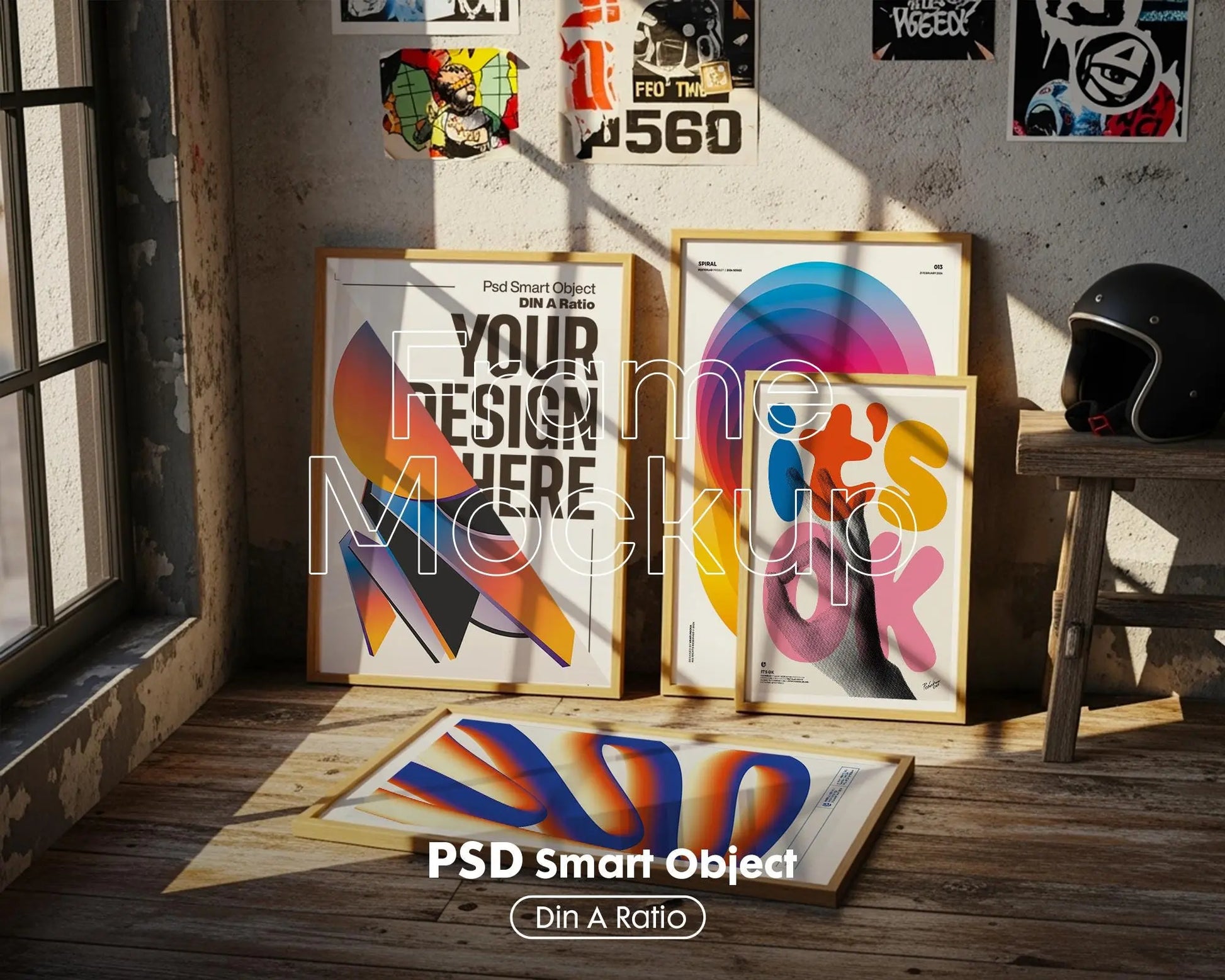 Set of 4 Frame Mockup, Three Multiple Gallery Set 4 Bundle, 4 Vertical Frame Art Display Mockup, Digital Print Mockup - PSD