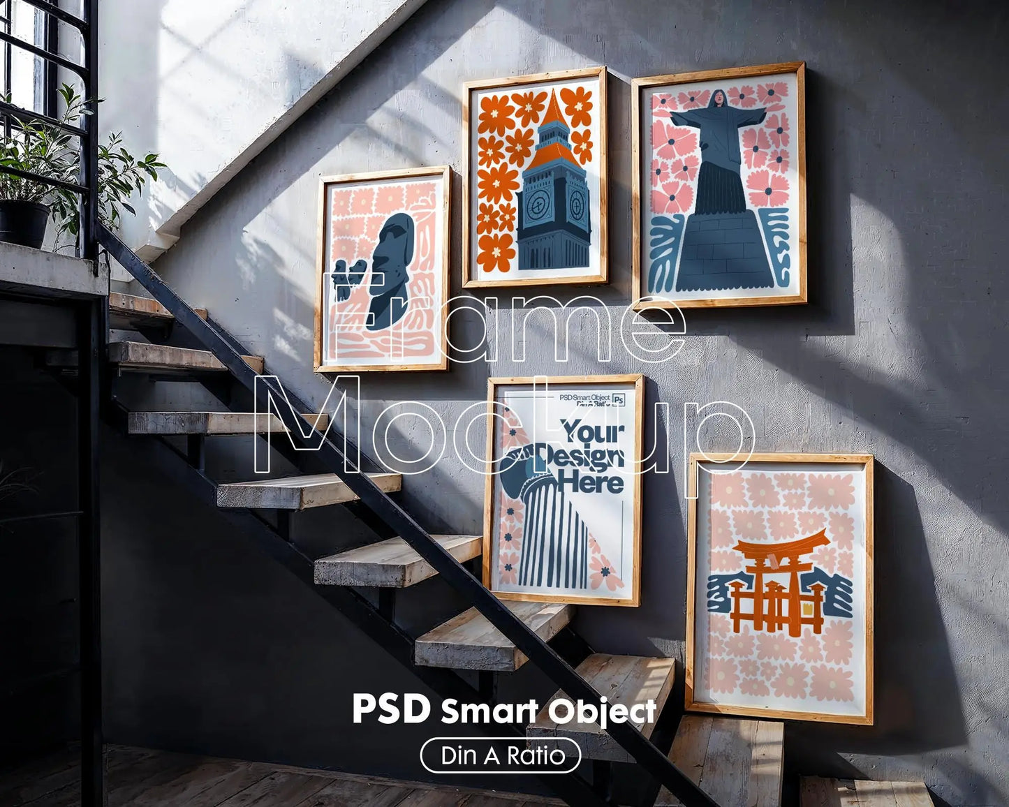 Set of 5 Frame Mockup, Three Multiple Gallery Set 5 Bundle, 5 Vertical Frame Art Display Mockup, Digital Print Mockup - PSD