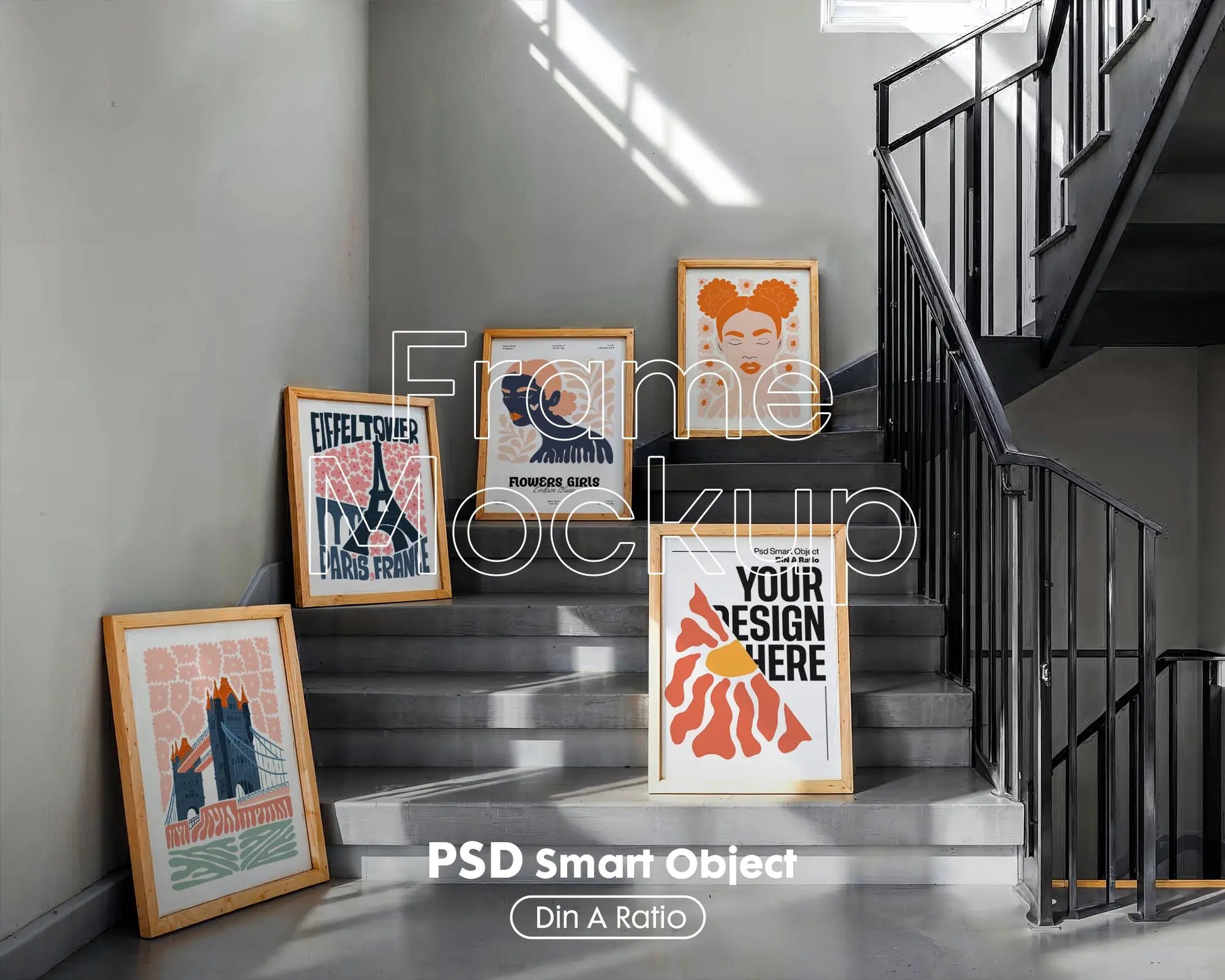 Set of 5 Frame Mockup, Three Multiple Gallery Set 5 Bundle, 5 Vertical Frame Art Display Mockup, Digital Print Mockup - PSD