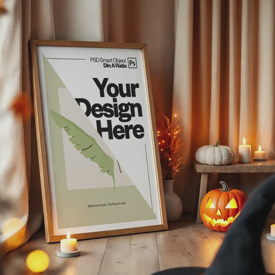 Halloween Frame Mockup PSD, Halloween Wall Art, Rustic Autumn & Pumpkins Vertical Artwork, Spooky Art Mockup