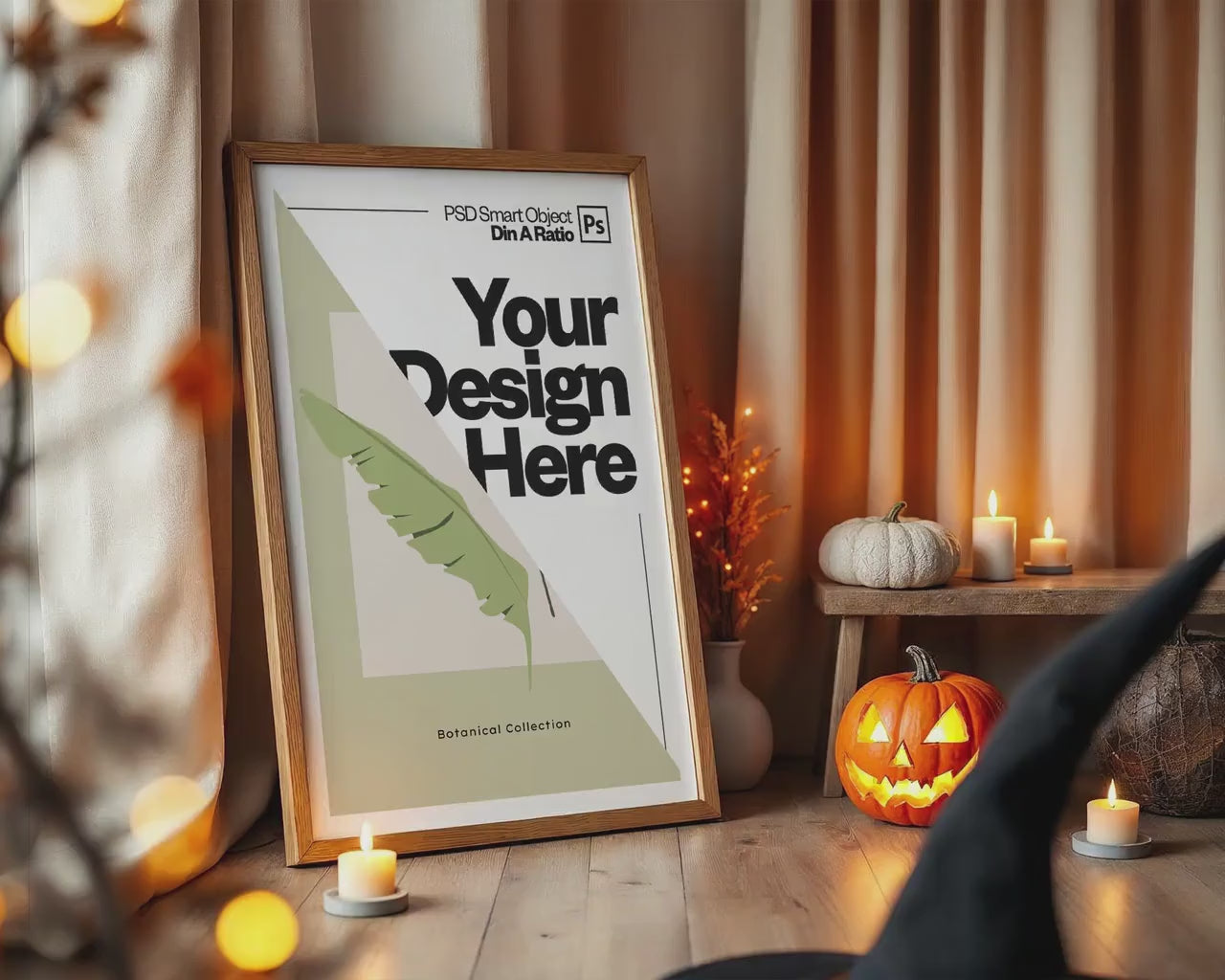 Halloween Frame Mockup PSD, Halloween Wall Art, Rustic Autumn & Pumpkins Vertical Artwork, Spooky Art Mockup