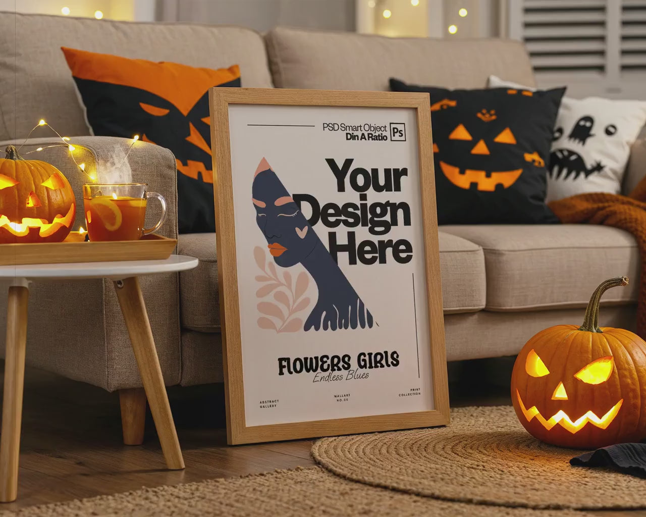 Halloween Frame Mockup PSD, Halloween Wall Art, Rustic Autumn & Pumpkins Vertical Artwork, Spooky Art Mockup,