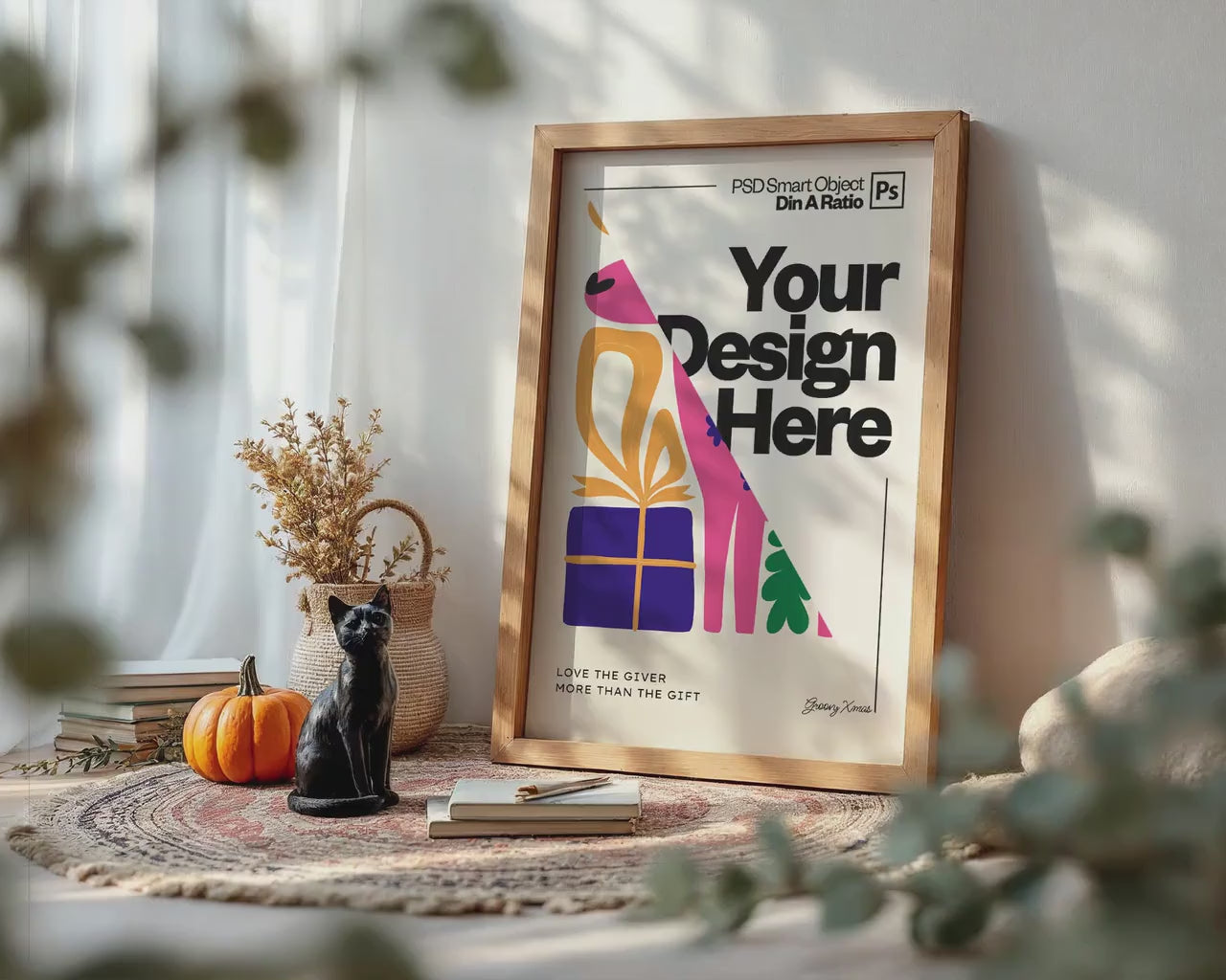 Halloween Frame Mockup PSD, Halloween Wall Art, Rustic Autumn & Pumpkins Vertical Artwork, Spooky Art Mockup,