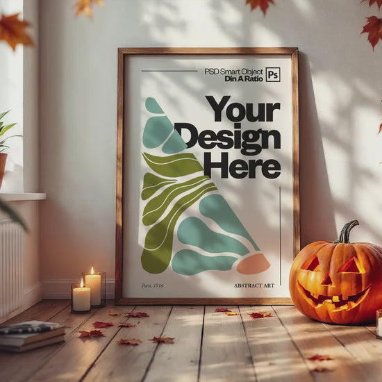Halloween Frame Mockup PSD, Halloween Wall Art, Rustic Autumn & Pumpkins Vertical Artwork, Spooky Art Mockup