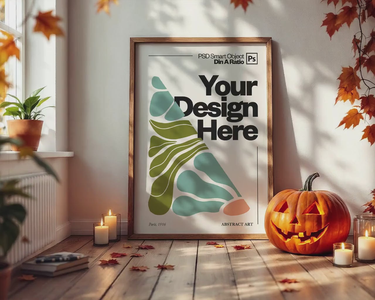 Halloween Frame Mockup PSD, Halloween Wall Art, Rustic Autumn & Pumpkins Vertical Artwork, Spooky Art Mockup