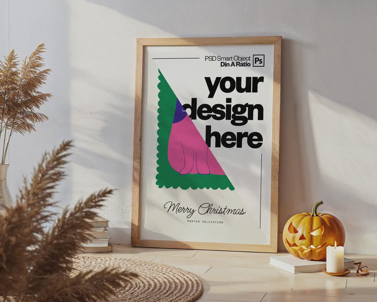 Halloween Frame Mockup PSD, Halloween Wall Art, Rustic Autumn & Pumpkins Vertical Artwork, Spooky Art Mockup,