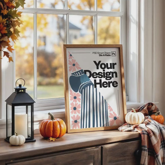 Halloween Frame Mockup PSD, Halloween Wall Art, Rustic Autumn & Pumpkins Vertical Artwork, Spooky Art Mockup,