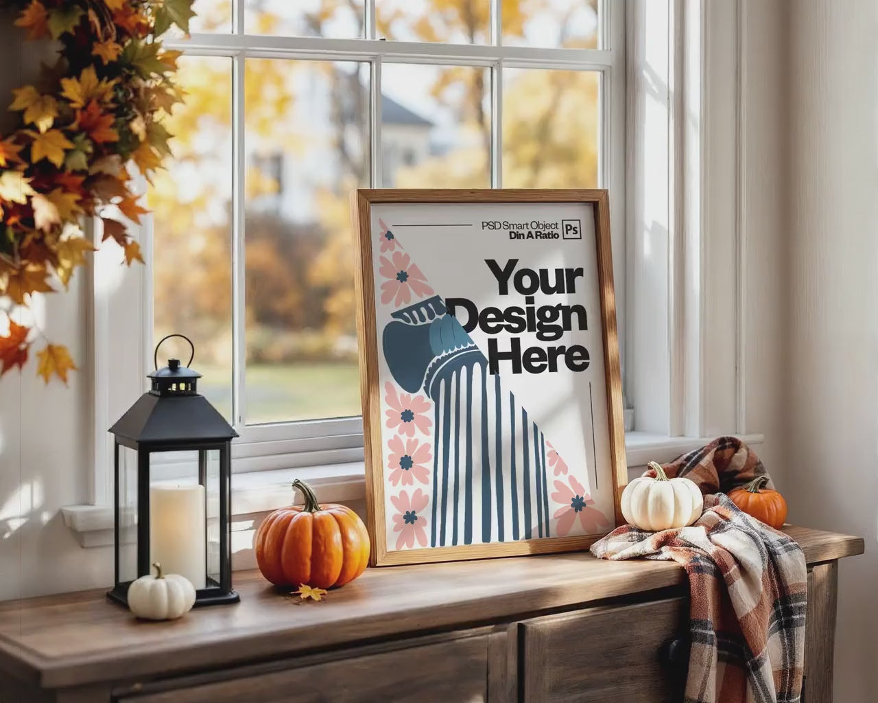 Halloween Frame Mockup PSD, Halloween Wall Art, Rustic Autumn & Pumpkins Vertical Artwork, Spooky Art Mockup,