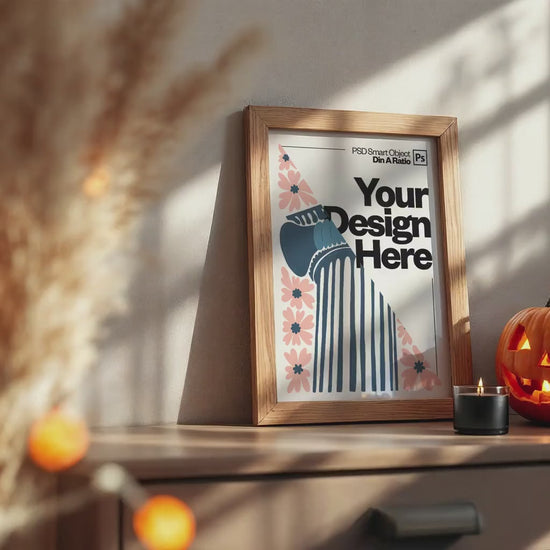 Halloween Frame Mockup PSD, Halloween Wall Art, Rustic Autumn & Pumpkins Vertical Artwork, Spooky Art Mockup