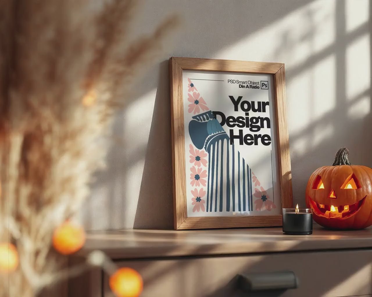 Halloween Frame Mockup PSD, Halloween Wall Art, Rustic Autumn & Pumpkins Vertical Artwork, Spooky Art Mockup