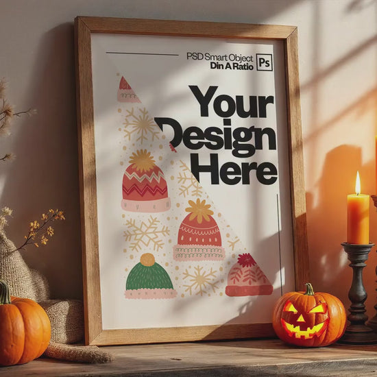 Halloween Frame Mockup PSD, Halloween Wall Art, Rustic Autumn & Pumpkins Vertical Artwork, Spooky Art Mockup