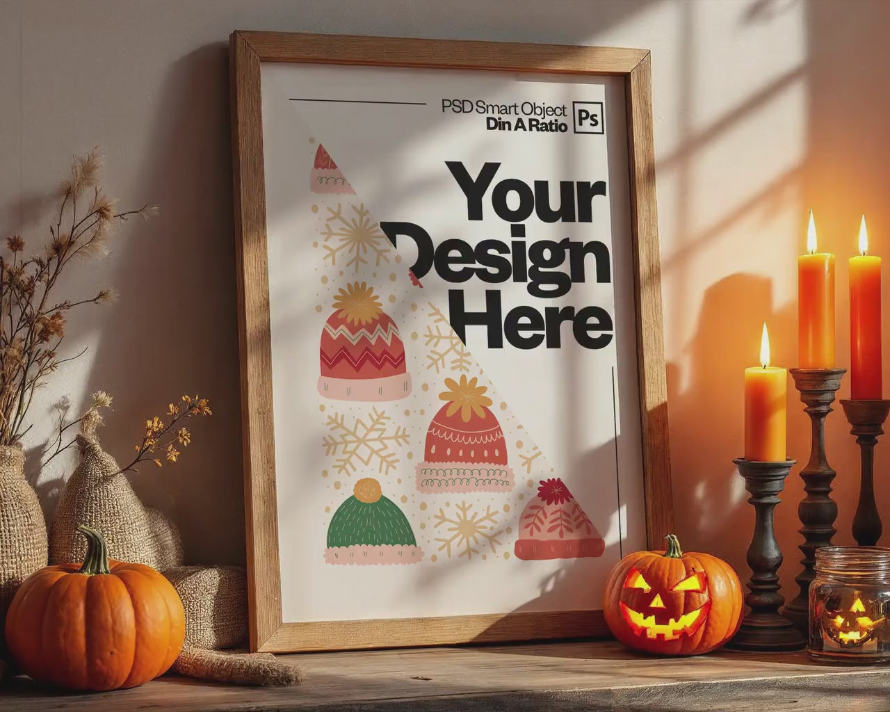 Halloween Frame Mockup PSD, Halloween Wall Art, Rustic Autumn & Pumpkins Vertical Artwork, Spooky Art Mockup