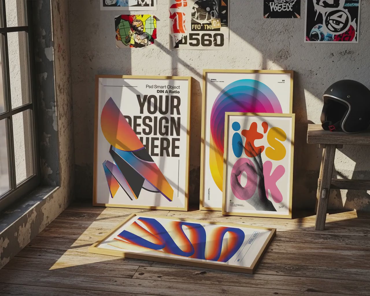 Set of 4 Frame Mockup, Three Multiple Gallery Set 4 Bundle, 4 Vertical Frame Art Display Mockup, Digital Print Mockup - PSD