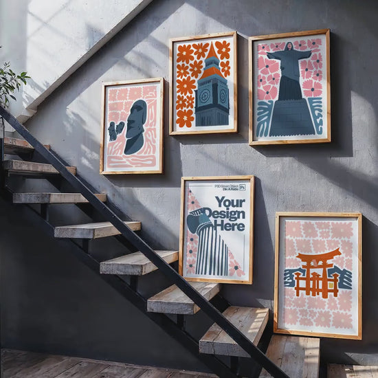 Set of 5 Frame Mockup, Three Multiple Gallery Set 5 Bundle, 5 Vertical Frame Art Display Mockup, Digital Print Mockup - PSD