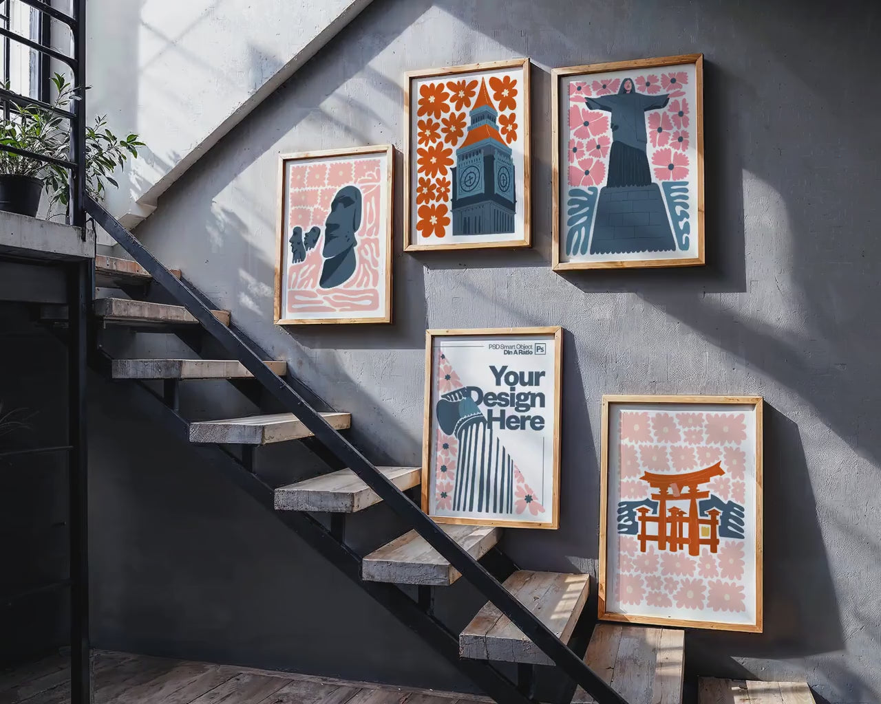 Set of 5 Frame Mockup, Three Multiple Gallery Set 5 Bundle, 5 Vertical Frame Art Display Mockup, Digital Print Mockup - PSD