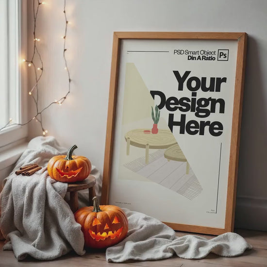 Halloween Frame Mockup PSD, Halloween Wall Art, Rustic Autumn & Pumpkins Vertical Artwork, Spooky Art Mockup