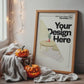 Halloween Frame Mockup PSD, Halloween Wall Art, Rustic Autumn & Pumpkins Vertical Artwork, Spooky Art Mockup