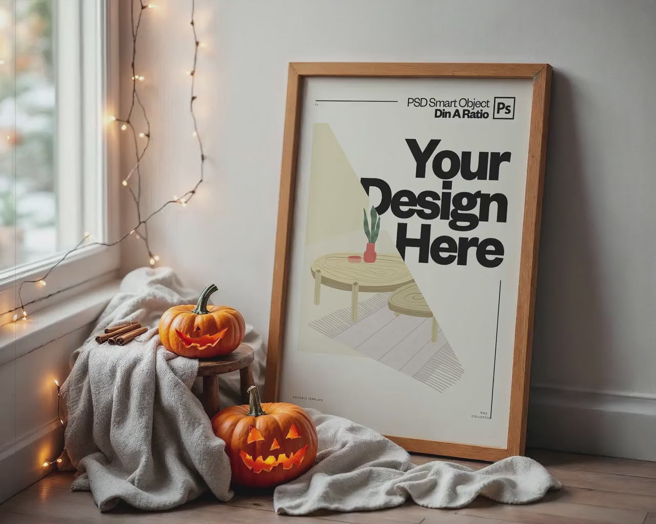 Halloween Frame Mockup PSD, Halloween Wall Art, Rustic Autumn & Pumpkins Vertical Artwork, Spooky Art Mockup