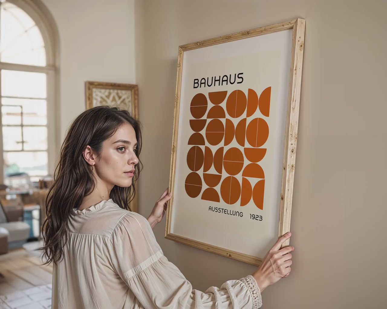 Woman Holding Frame Mockups | Landscape Horizontal Wood Frame Mockup with person | Digital Prints, and Poster Shop Mockup