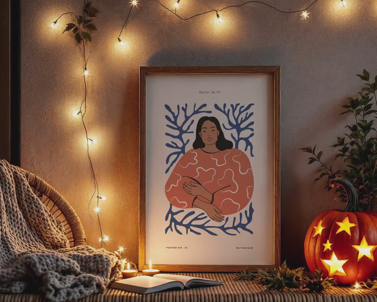 Halloween Frame Mockup PSD, Halloween Wall Art, Rustic Autumn & Pumpkins Vertical Artwork, Spooky Art Mockup,