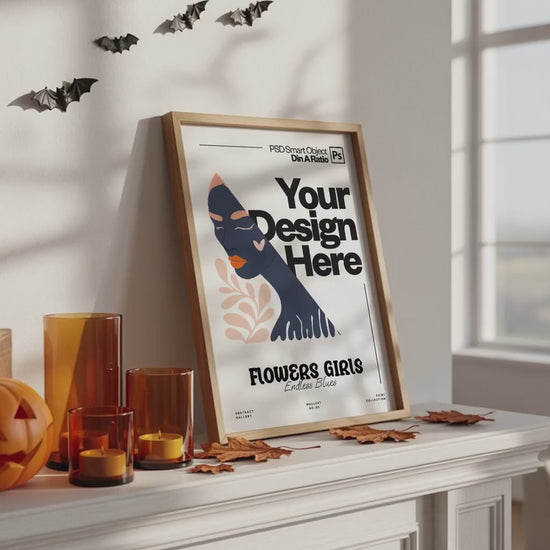 Halloween Frame Mockup PSD, Halloween Wall Art, Rustic Autumn & Pumpkins Vertical Artwork, Spooky Art Mockup,