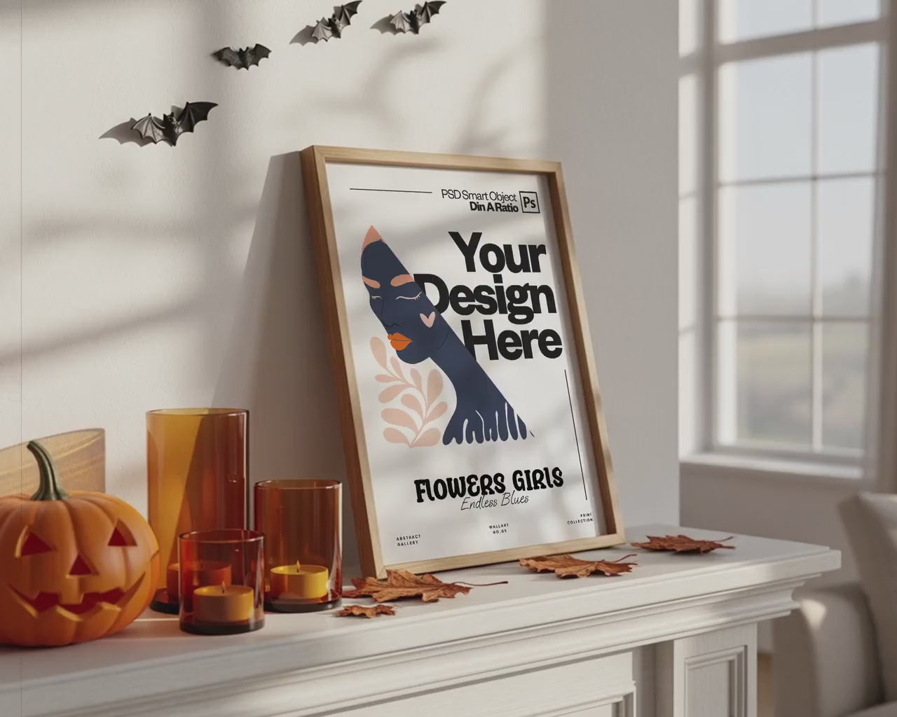 Halloween Frame Mockup PSD, Halloween Wall Art, Rustic Autumn & Pumpkins Vertical Artwork, Spooky Art Mockup,