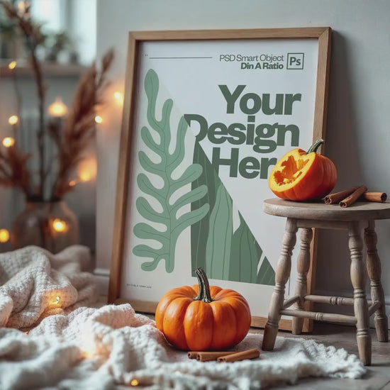 Halloween Frame Mockup PSD, Halloween Wall Art, Rustic Autumn & Pumpkins Vertical Artwork, Spooky Art Mockup