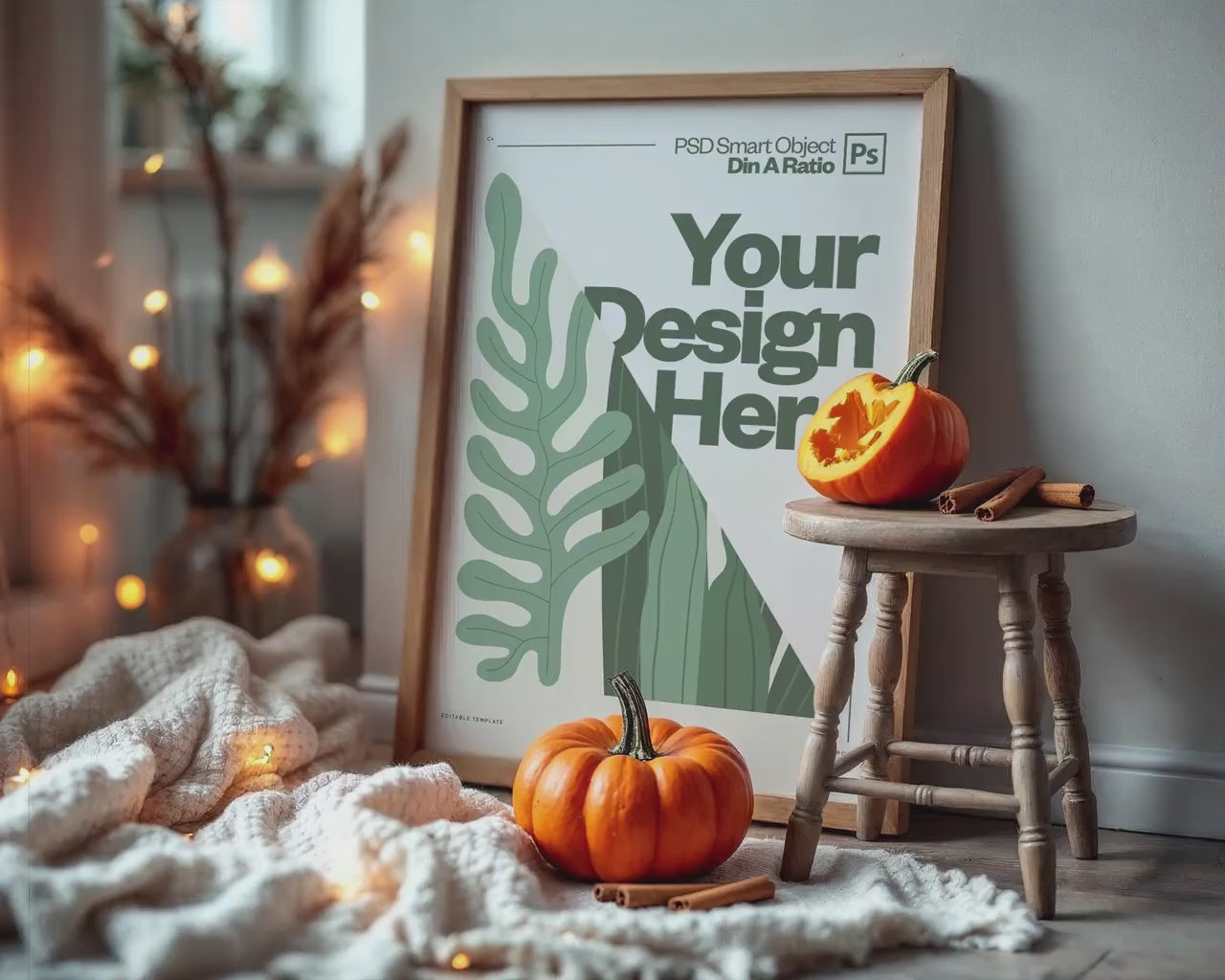 Halloween Frame Mockup PSD, Halloween Wall Art, Rustic Autumn & Pumpkins Vertical Artwork, Spooky Art Mockup