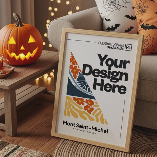 Halloween Frame Mockup PSD, Halloween Wall Art, Rustic Autumn & Pumpkins Vertical Artwork, Spooky Art Mockup,