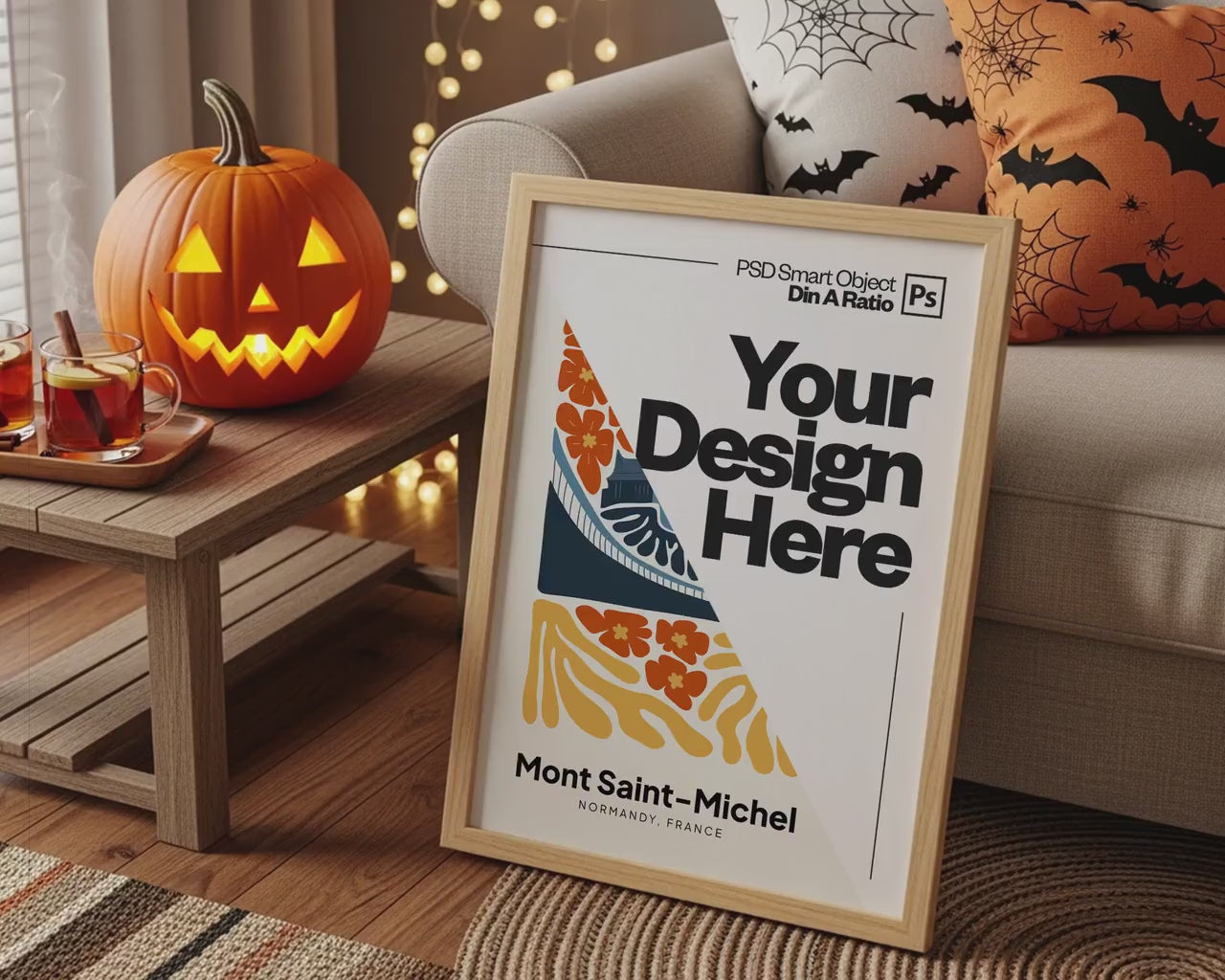 Halloween Frame Mockup PSD, Halloween Wall Art, Rustic Autumn & Pumpkins Vertical Artwork, Spooky Art Mockup,