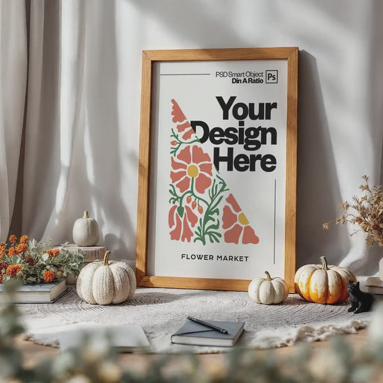 Halloween Frame Mockup PSD, Halloween Wall Art, Rustic Autumn & Pumpkins Vertical Artwork, Spooky Art Mockup