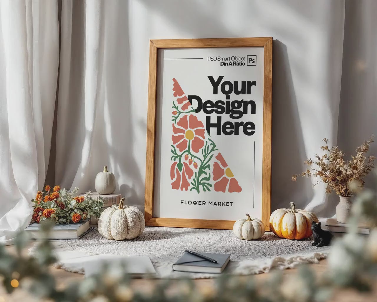 Halloween Frame Mockup PSD, Halloween Wall Art, Rustic Autumn & Pumpkins Vertical Artwork, Spooky Art Mockup