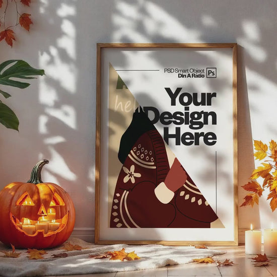 Halloween Frame Mockup PSD, Halloween Wall Art, Rustic Autumn & Pumpkins Vertical Artwork, Spooky Art Mockup,
